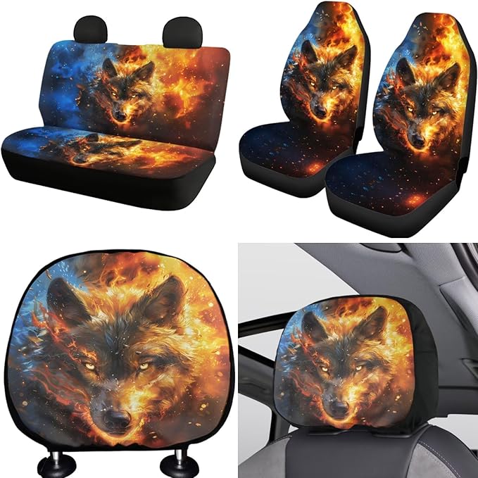 FKELYI Fire Wolf Car Dust-Proof Seat Covers Soft Polyester Headrest Cover Gear Shifter Knob and Handbrake Cover Steering Wheel Cover,Cup Coasters