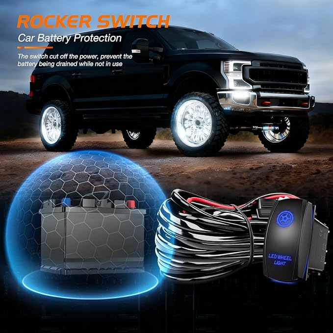Nilight 4PCS 17inch Double Row LED Wheel Ring Lights Pure White with Wiring Harness Kit Rocker Switch Control Dual Row for Car Van SUV Truck