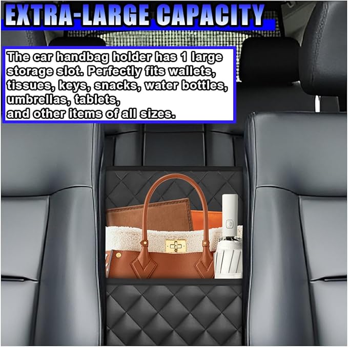 Car Net Pocket Handbag Holder Between Seats, Large Capacity Storage Bag for Front Seats, Leather Car Organizer Backseat Barrier for Kids Pet, Handbag Organizer Pocket Car Console Purse Holder