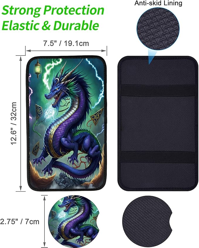 Car Armrest Cover Pads Universal Fashion Cute Auto Center Console Armrest Cover Pad with 2PCS Car Coasters Soft Waterproof Car Armrest Seat Protector for Women Girls, Blue Dragon