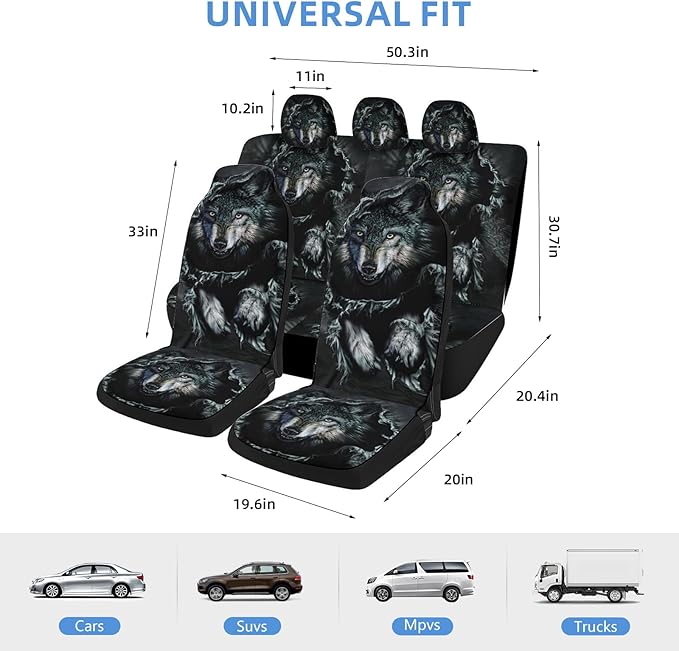 2 Pcs Premium Wolf Car Seat Cover, Breathable & Washable Car Seat Covers Full Sets, Fashionable Printed Seat Covers for Cars Interior, Universal Fit for Most Cars, Sedan, Truck, SUV