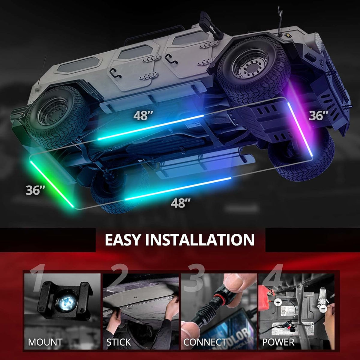 OPT7 Aura DreamColor Underglow Chasing Light Kit with APP & Remote Control, 4 PCS Flexible RGBIC LED Light Strips, Exterior Neon Accent Underbody Lights for Car Truck RV, Multi Colors Music Mode, 12V