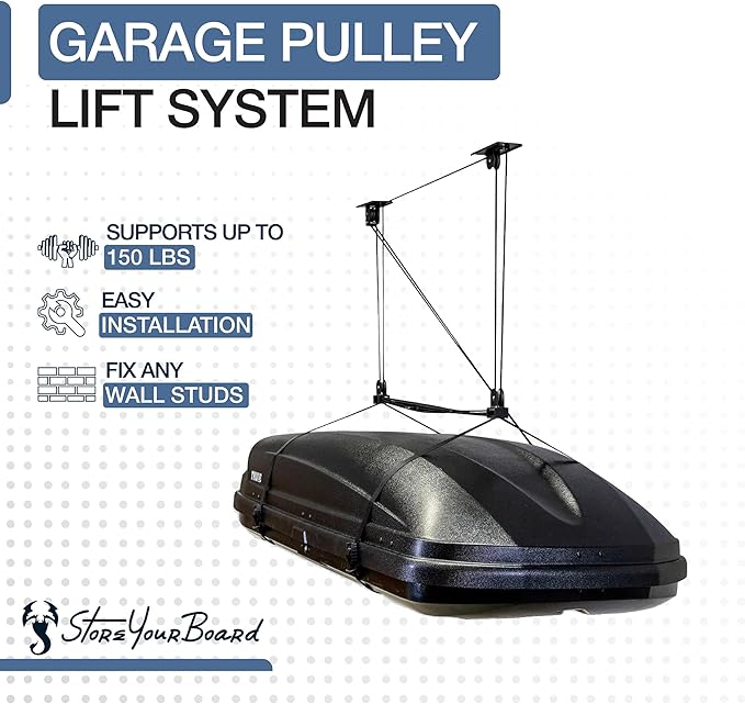 StoreYourBoard Cargo Box Pulley System – Heavy-Duty Garage Hoist Lift for Rooftop Carriers – Garage Storage & Garage Organization Ceiling Hoist with Pulley – Holds 150 lbs - Fits 8–10 ft Ceilings