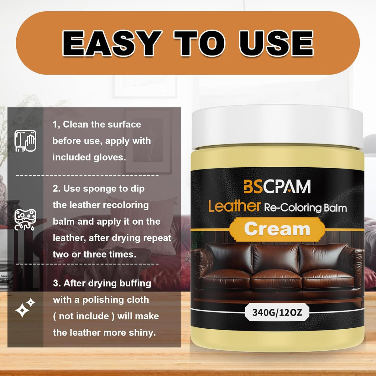 Cream White Leather Recoloring Balm, 12oz Leather Color Restorer for Couches, Leather Repair Kit for Furniture, Leather Dye for Leather Fade, Leather Repair Restore car seat