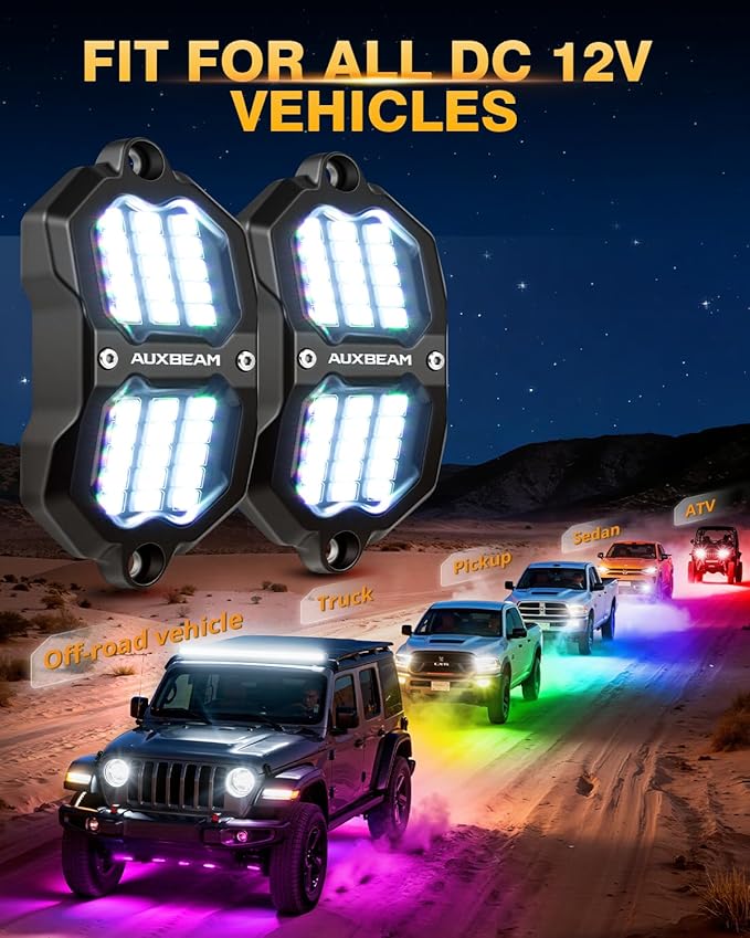 Auxbeam 8 Pods RGB LED Rock Lights with Brake Mode Wheel Well Lights w/Bluetooth APP+Remote Control Music Voice Sync Waterproof Dynamic Color Changing Underglow Kit for Trucks ATV Car 1 Year Warranty