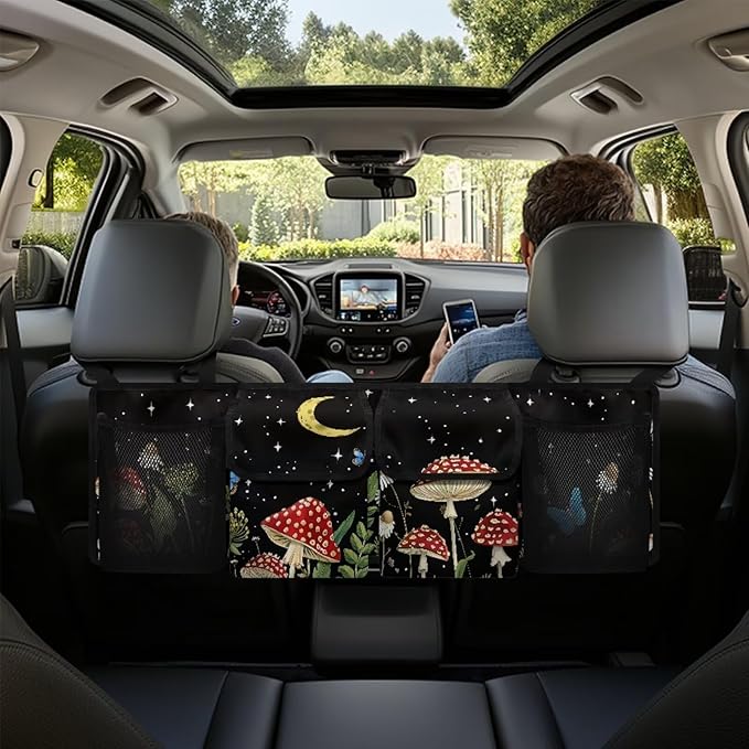 Mushroom Car Trunk Organizer Back Seat Hanging Black, Washable Trunk Oxford Cloth Bag with 4 Pockets, Space Saving Expert, Easy to Clean & Install In All Vehicles