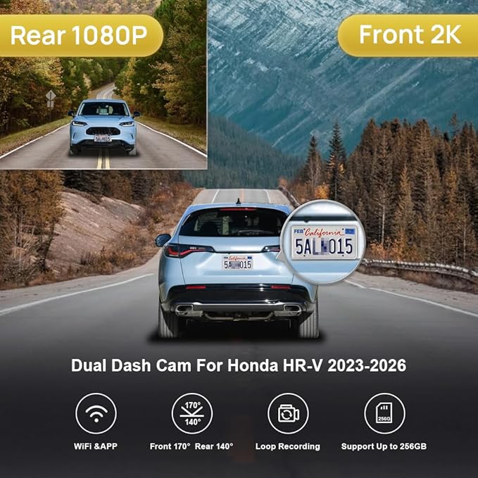 Fitcamx Front 2K+Rear 1080P Dash Cam Adapts for Honda HR-V 2023-2026 Sport LX EX-L (Gen3), OEM Look, Dual HD Video, Built-in WiFi & APP, Loop Recording, G-Sensor, Night Vision, Easy to Set, 64GB Card