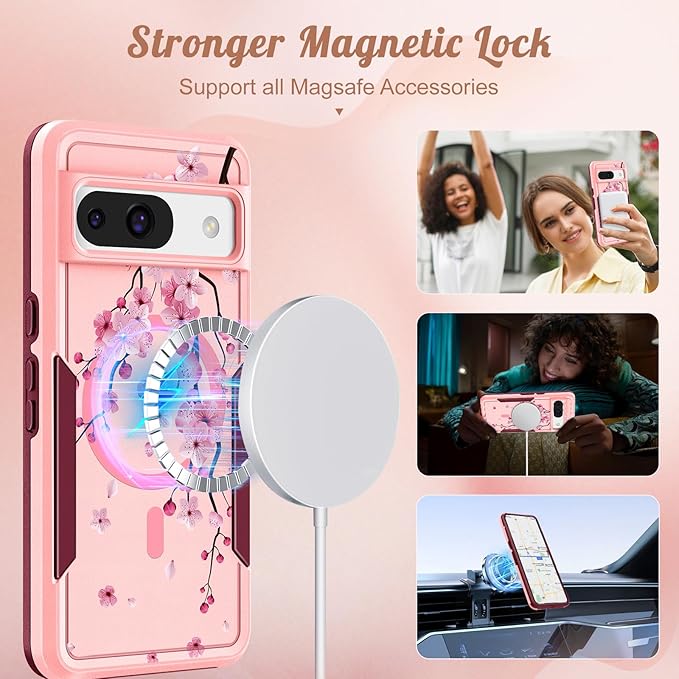 for Google Pixel 8A Case 6.1 Inch - Compatible with MagSafe Women Girls Cute Magnetic Protective Cover Girly Kawaii Flower Blossom Heavy Duty Shockproof Design for Google Pixel 8A Phone Cases