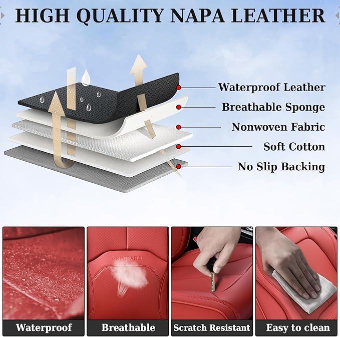 Coverado Seat Covers, Car Seat Covers Front Seats, Premium Nappa Leather Seat Covers for Cars, Waterproof Car Seat Protector with Lumbar Support, Front Seat Covers Universal Fit for Most Cars (Red)