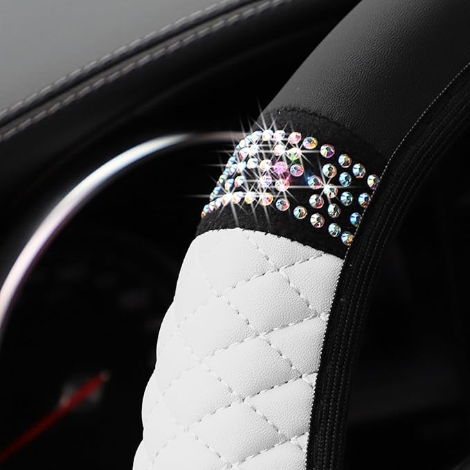 Bling Car Steering Wheel Cover, 15 Inch Rhinestones Soft Leather Elastic Steering Wheel Protector, Sparkly Crystal Diamond for Women Girls, Car Interior Accessories for Most Cars (White)