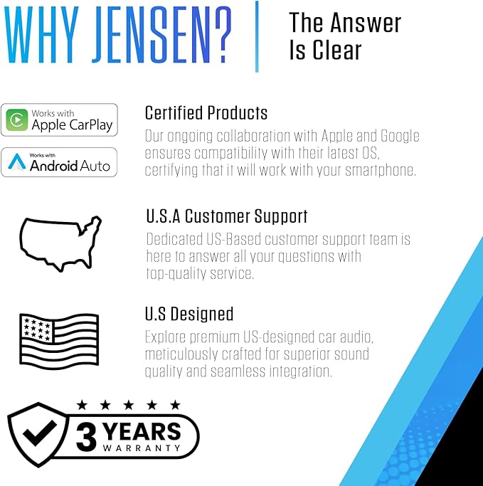 JENSEN J5UP10 10.1-inch Top Mount Tactile Control Certified Wireless Apple Carplay Android Auto Car Stereo | Single & Double DIN Touchscreen | IllumiNITE Light Ring & Buttons | Front/Rear Camera Input