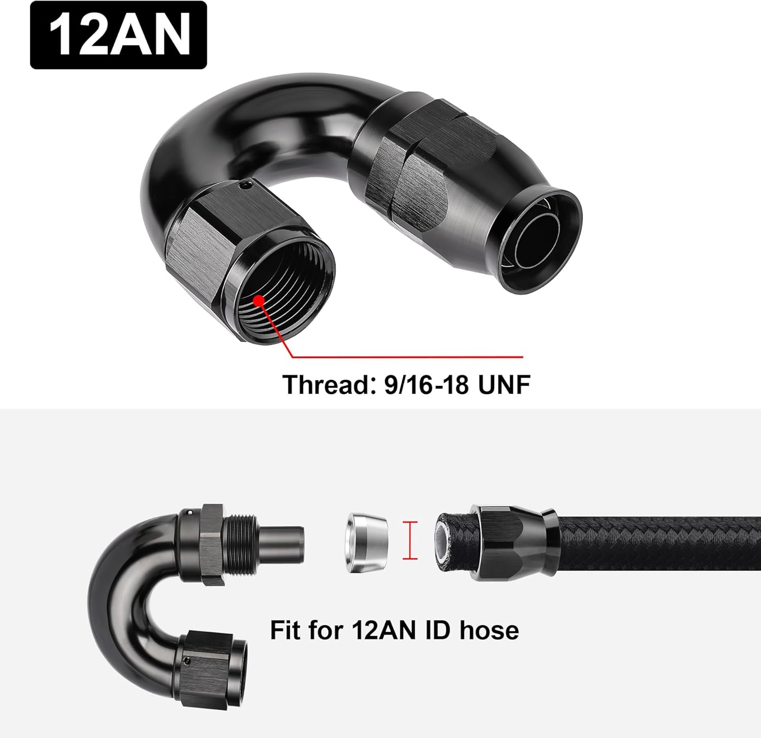 EVIL ENERGY 12AN 180 Degree PTFE One Piece Full Flow End Hose Fitting Aluminum Black