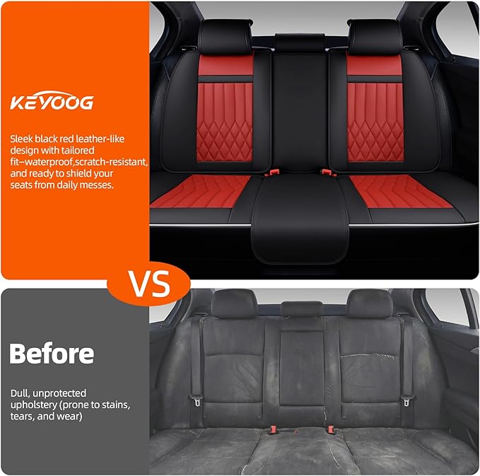 KEYOOG 5-Seater Waterproof and Breathable Nappa Leather Car Seat Covers Full Set, Fit for Front and Rear Seats of Cars, Compatible with Airbags, Car Seat Protector Covers for Most Cars - Black Red