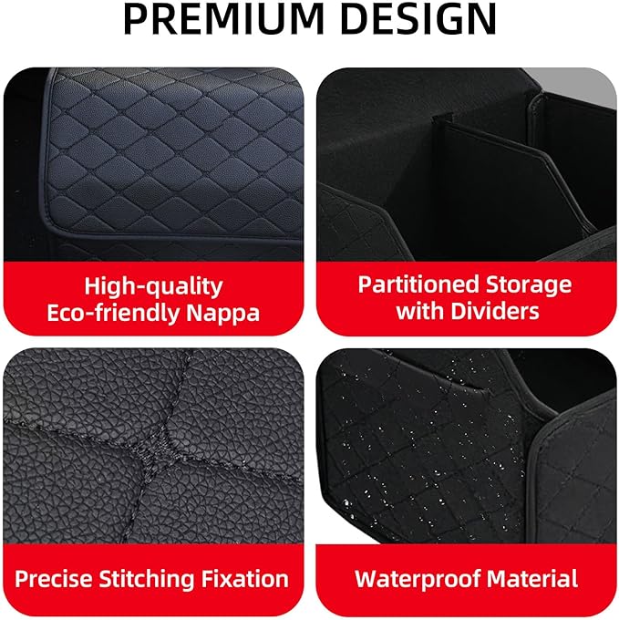 2Pack Leather Trunk Organizer for SUV & Sedans - Extra Large Foldable Car Storage Box with Lid, Adjustable Removable Dividers and Carry Handle, Collapsible Auto Cargo Organizer Black
