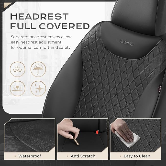 Coverado Seat Covers Full Set, 5 Seat Black Car Seat Covers, Leather Car Seat Protectors, Automotive Front and Back Seat Covers, Waterproof Car Seat Cushions Universal Fit for Most Sedan, SUV, Truck