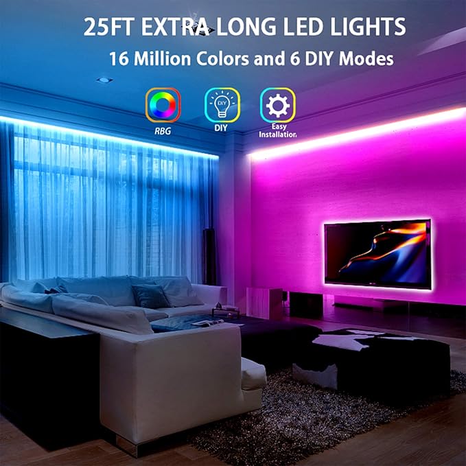 dalattin Led Lights for Bedroom 25ft RGB 5050 Led Strip Lights Color Changing Kit with 44 Keys Remote Controller and 12V Power Supply Led Light Strips Indoor Decoration,Easter Decor