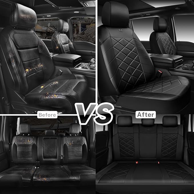 CAR PASS Nappa Leather Waterproof Car Seat Covers Full Set, 3D Foam 5 Seat Covers Full Set with Rhomb, Comfort Universal Fit for Most SUV Truck Sedan, Airbag Compatible, 5 Seats Leatherette All Black