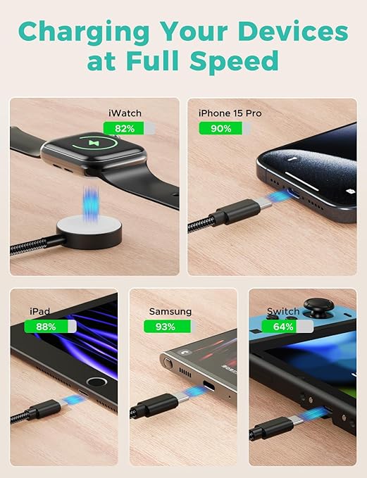Travel Essentials,3 in 2 USB C Cable for Apple Watch Charger,iPhone Charger,Multi Charging Cable,Cruise Vacation Camping Essentials,Portable for iWatch Series 11-2/Ultra/SE & iPhone 17-12,Car,Black