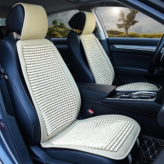 JSCARLIFE Tilia Wood Beaded Car Seat Cover - Breathable Ergonomic Driver Cushion for Cars/Trucks/SUVs | Hand-Knotted Beads, Lumbar Support & Cooling Tech (Beige)