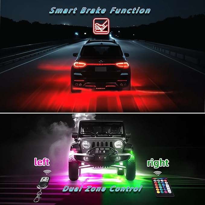 8Pods RGB LED Rock Lights Kit with APP/RF Remote Control Dual Zone Brake, Bright Underglow Multicolor Neon Underbody Light Waterproof 12V for Trucks Pickup Jeep Golf Cart SXS ATV Off Road Vehicles