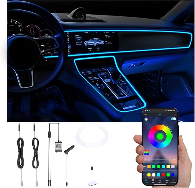Car Ambient Lighting Optic Fiber 64 Colors Music Sound Active with APP Control Car Decorative Atmosphere Lighting Kit DC 12V 1W 3m