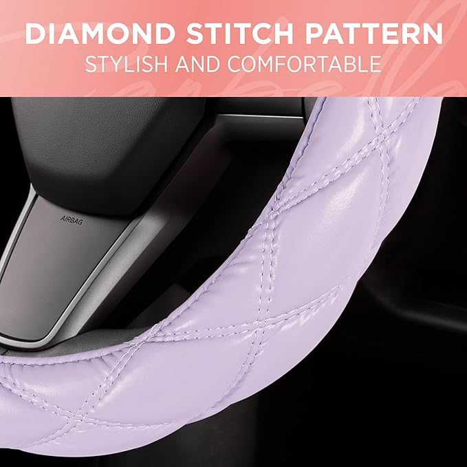 Purple Stitched Leather Steering Wheel Cover for Women, Standard 15 Inch Size Fits Most Vehicles, Cute Faux Car Steering Cover with Diamond Double-Stitch Detail, Car Accessories for Women