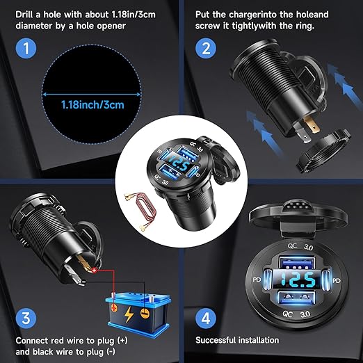 12V USB Charger with 4 Ports, Upgraded Aluminum Alloy Car Outlet with LED Voltmeter Display, for 12/24V Car Golf Cart Boat Marine Bus Truck RV Marine Motorcycle etc. (1PC)