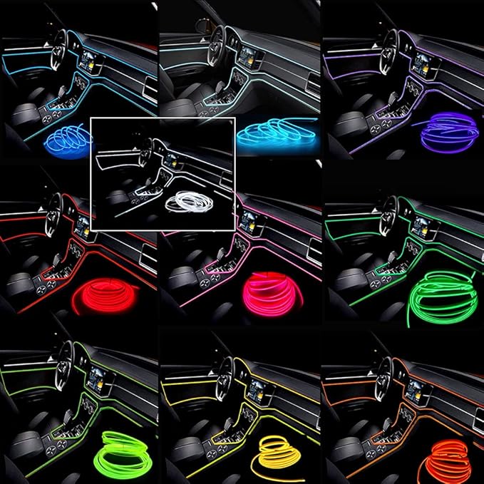 MaxLax El Wire Green Interior Car LED Strip Lights, 10m neon Wire 12V with Fuse Protection for Automotive Car Interior Decoration with 6mm Sewing Edge