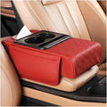 Car Armrest Cushion, 5-in-1 Nappa Leather Vehicle Centre Console Cover with 2 Storage Pockets, Cup Phone & Phone Holder, Multifunctional Auto Organiser Accessories, Universal Fit (Wine Red)