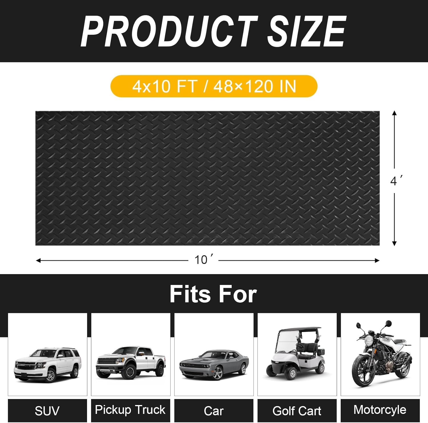 4x10FT Garage Floor Mat, 2.8mm Thickened Flooring Roll for Under Car, Golf Cart Parking Mat, Diamond Plate PVC Rubber Motorcycle Mat, Non-Slip Floor Protector for Garage Warehouse Trailer, Black
