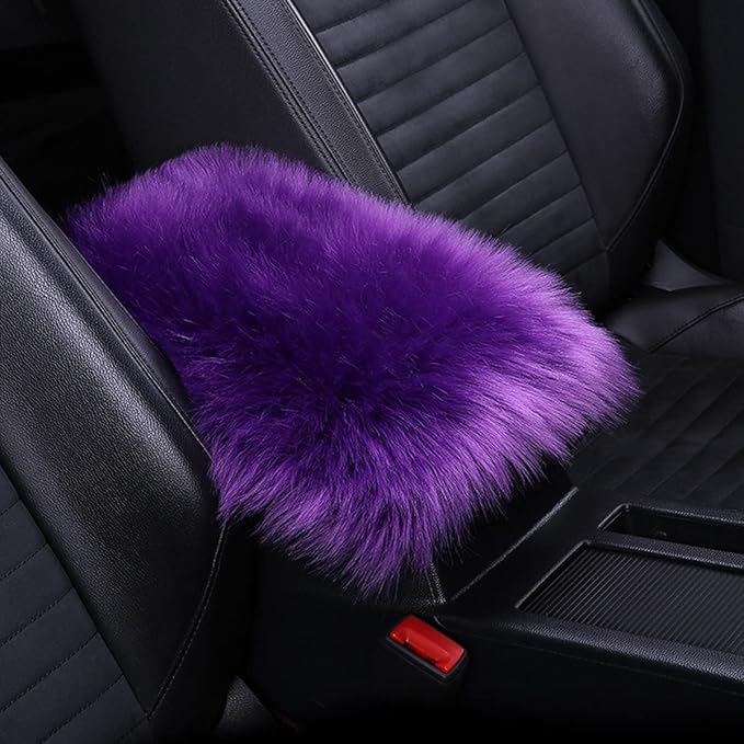 Center Console Cushion Pad/Cover, 11.4"x7.4" Furry Armrest Cover for Cars, Vehicles, SUVs, Premium Sheepskin Wool, Car Interior Accessories for Women(Purple)
