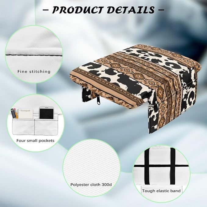 Tupalatus Aztec Car Armrest Cover Breathable Cow Print Armrest Cushion Cover Pad Waterproof for Car Center Console Replacement with Storage Bags Fit for Most Vehicle, SUV, Truck