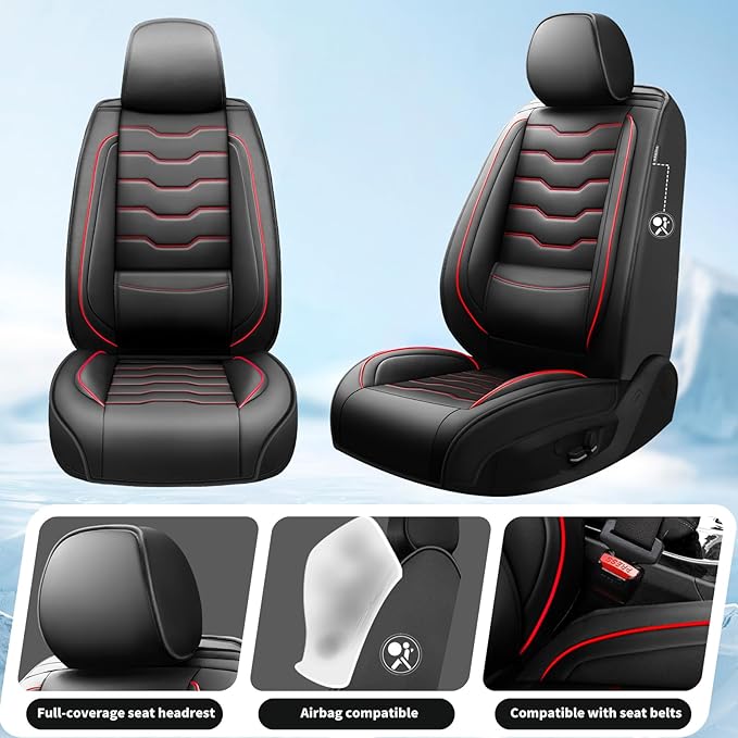 Fit Versa Car Seat Covers Compatible with Nissan Versa 2008-2025 2026 - Premium Leather，Waterproof Breathable，All-Weather Seat Cushion Protecto&Airbag Compatible (2 Front Seat Red Line Black)