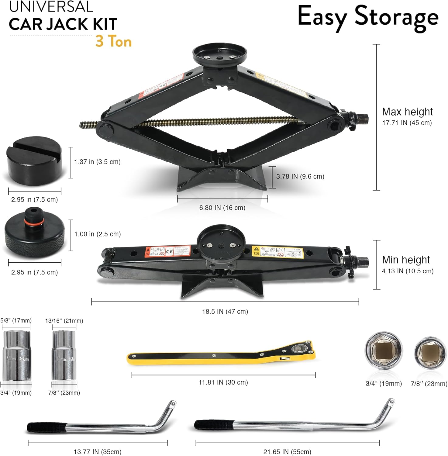 Car Jack Kit with Tesla Pad & Universal Rubber Pad | Scissor Jack for Car 3 Ton (6,600 lbs) - Tire Jack Tool Kit | Portable, Ideal for SUV and Auto - Universal Car Emergency Kit with Lug Wrench