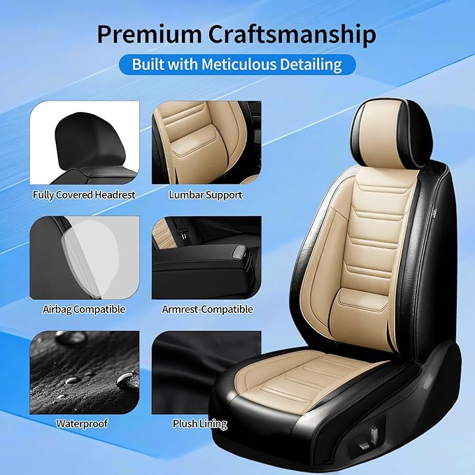 Fit Civic Car Seat Covers for Honda Civic 2020-2026 Sedan(Not for Coupe) - Premium Full Coverage Leather, Waterproof All Weather Breathable Seat Cushion Protector, Front Pair Black+Beige