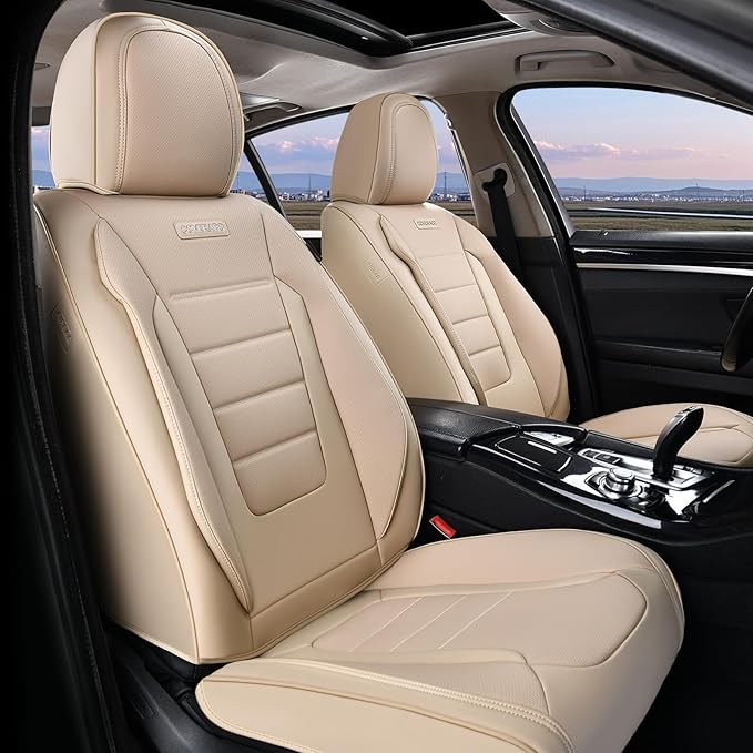 Coverado Car Seat Covers Front Seats, Car Seat Cover Beige, Car Seat Protector, Car Seat Cushion Nappa Leather, 2-Pack Waterproof Seat Covers Carseat Cover Universal Fit for Most Cars Trucks