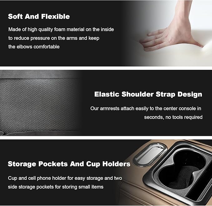 Car Center Console Armrest Pillow, Multifunctional Armrest Box Cover with Cup Phone Tissue Holder & Side Pockets, Waterproof Leather Middle Console Cushion for Most Vehicles (Beige, Normal)