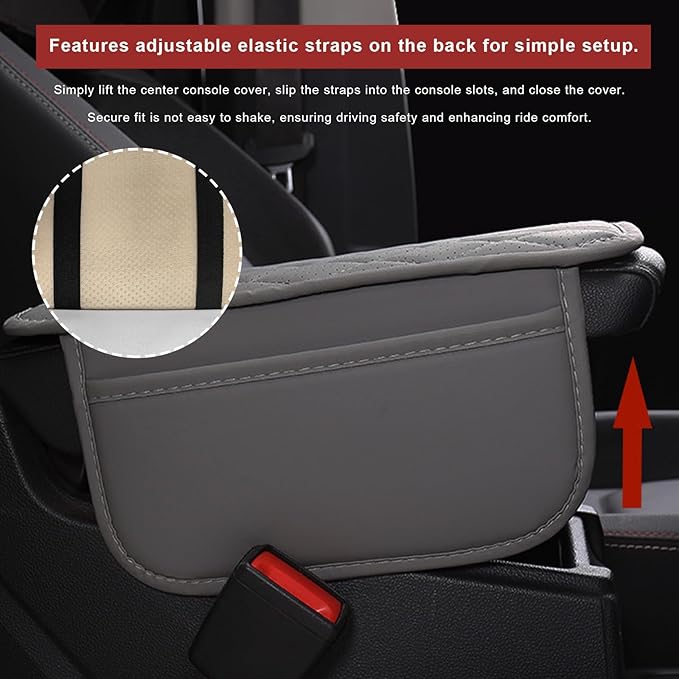 Car Center Console Cover, Leather Auto Armrest Cushion Pad with Two Storage Pockets, Waterproof Arm Rest Box Mat Protective Cover for Sedan SUV Truck, Car Accessories (Red)