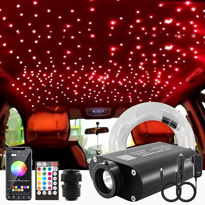 ATOKEE 16W Fiber Optic Lights 300pcs 0.03in 6.5ft, Sound Activated Starlight Headliner Kit Star Lights for Car Ceiling Décor with 28-Key RF Remote/Bluetooth APP