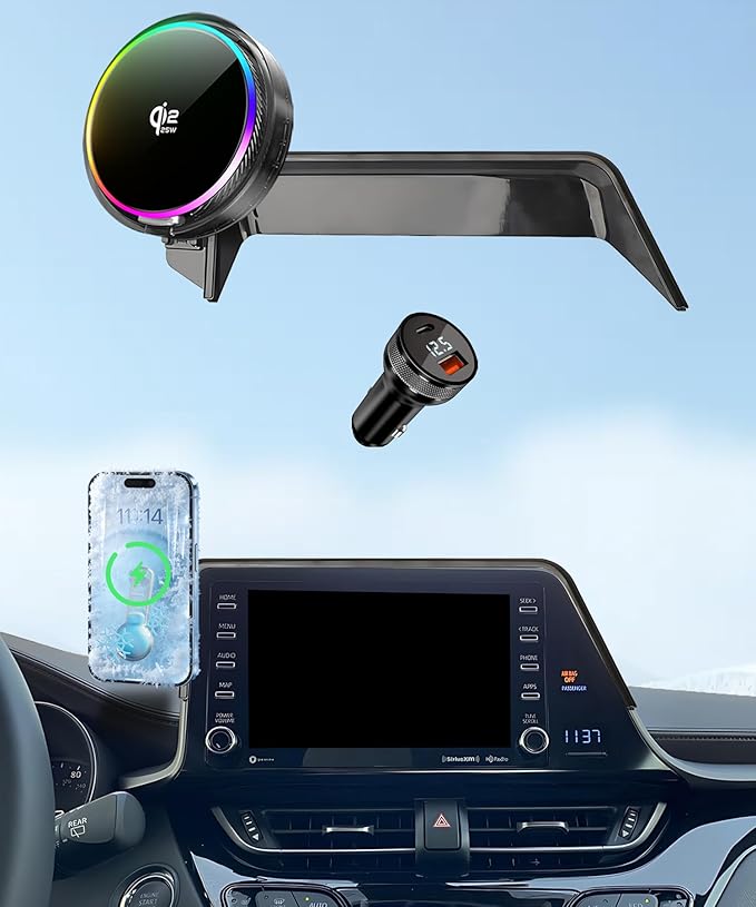 Qi2.2 25W Magnetic Car Mount Charger for Toyota C-HR 2019 2020 2021 2022 Accessories, for Fast Charging Cell Phone Holder 8 Inch Screen Fixed Clip with Cooling Fan＆54W Fast Adapter