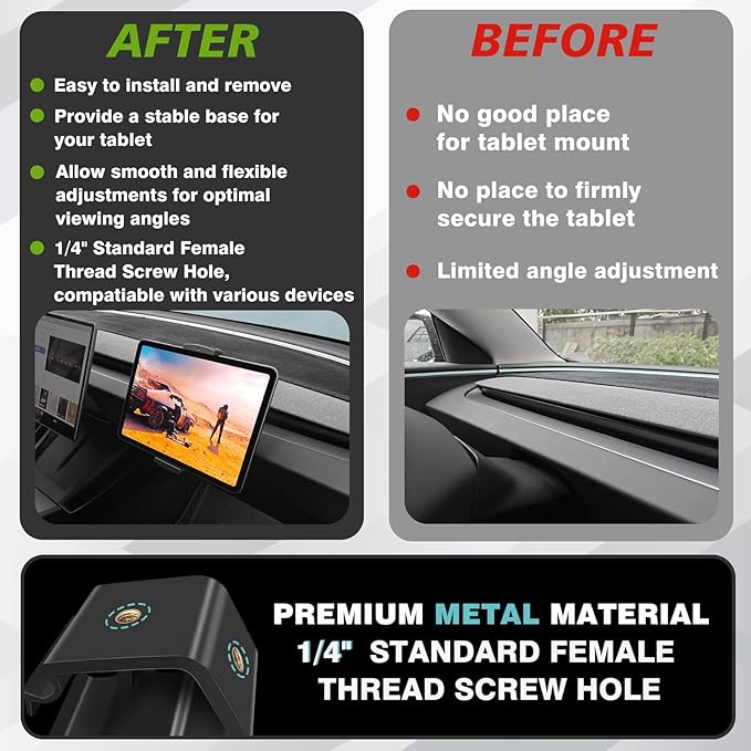 BestEvMod Dashboard Car 1/4 Screw Mount Phone Holder Tablet Mag Safe Compatible with Refreshed Tesla Model Y Juniper Model 3 Highland fits for All Phones & Android 360° Adjustable (Tablet Holder)