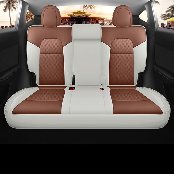 for Tesla Model Y Seat Covers 2020-2024 Nappa Leather Car Interior Seat Compatible with Airbag Cushion Cover 5 Seats (TY-Brown&Beige)