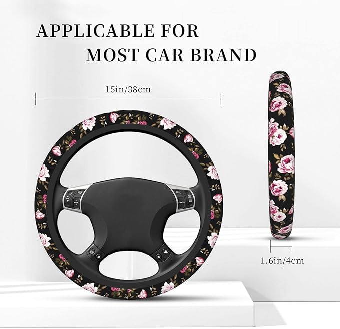Peony Flower Steering Wheel Cover Women Men Elastic Stretch Soft Car Wheel Protector Universal Breathable No-Slip Car Accessories for Truck Van SUV Auto Fit 14-15 Inches