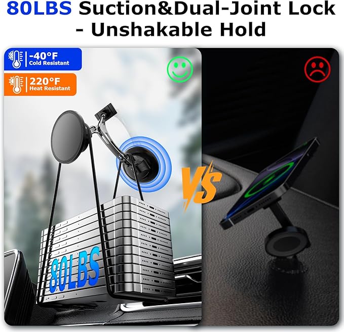 Dual Support for MagSafe Car Mount, Magnetic Phone Holder for Car with Vacuum, 360°Adjustable Metal Head &Extension Rod, Cell Phone Holders for Your Car for iPhone17/16/15/14/13/12, Android