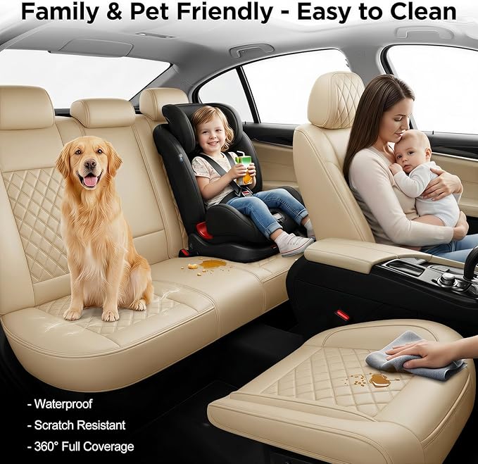 Fit TL Car Seat Covers for Acura TL 2004-2014 - Premium Leather, Waterproof, All-Weather, Airbag Compatible, Anti-Slip, Breathable, Easy Install, Seat Protectors, Full Set, Beige