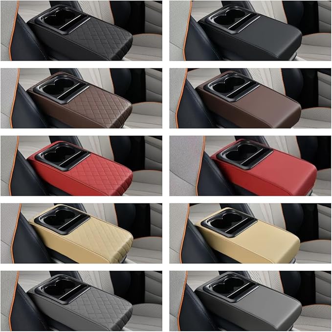 Center Console Booster Cover Car Armrest Box Pad Leather Arm Rest Cushion with Cup Holder Mobile Phone Storage Armrest Protection Pad for Car (Grid Beige, 13.58 * 8.07 * 2.95 inch)