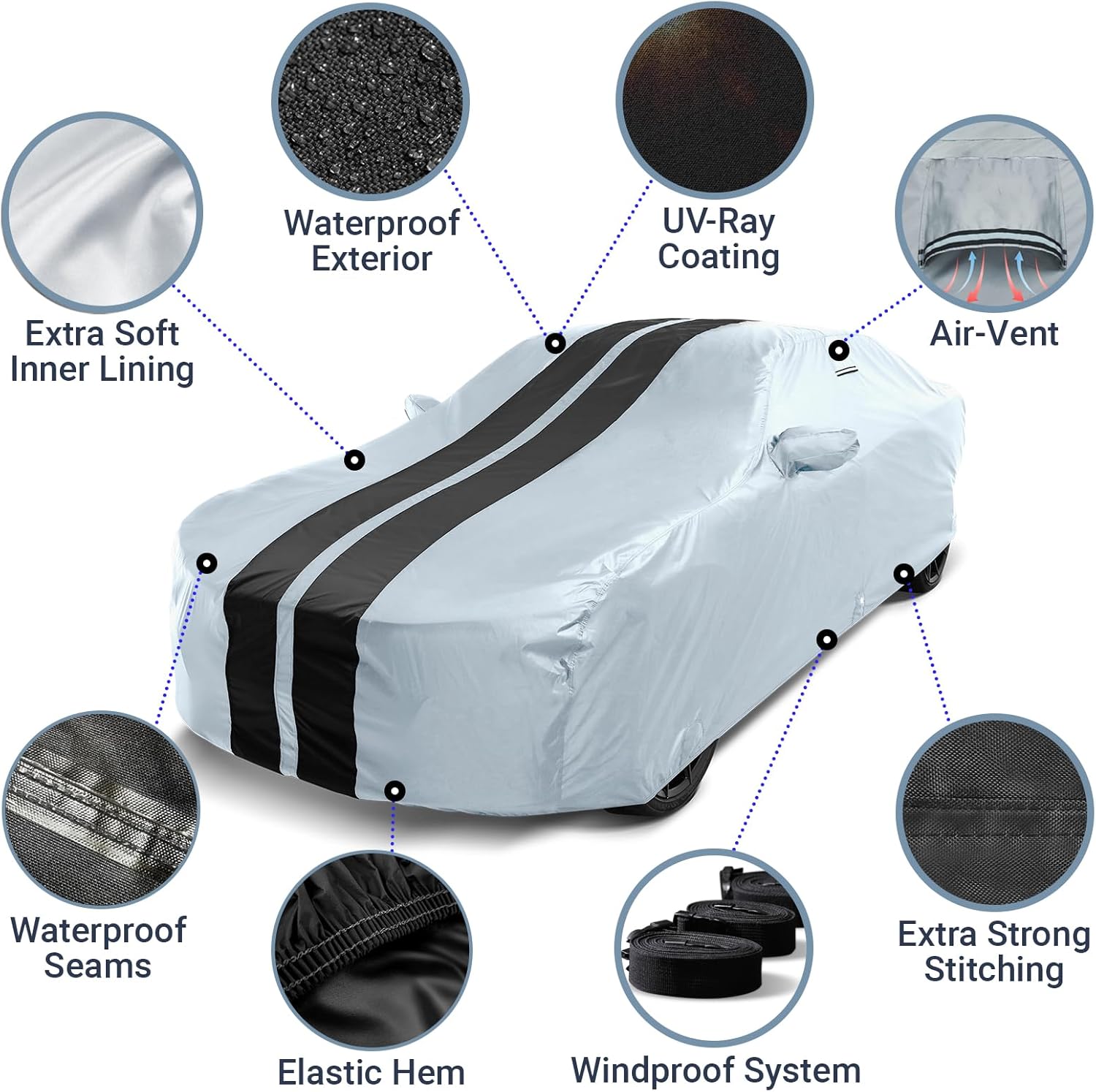 iCarCover Custom Car Cover for Buick Lucerne (2005-2011) Waterproof All-Weather Rain Snow UV Sun Protector Full Exterior Indoor Outdoor Car Cover (Stripe - Gray/Black)