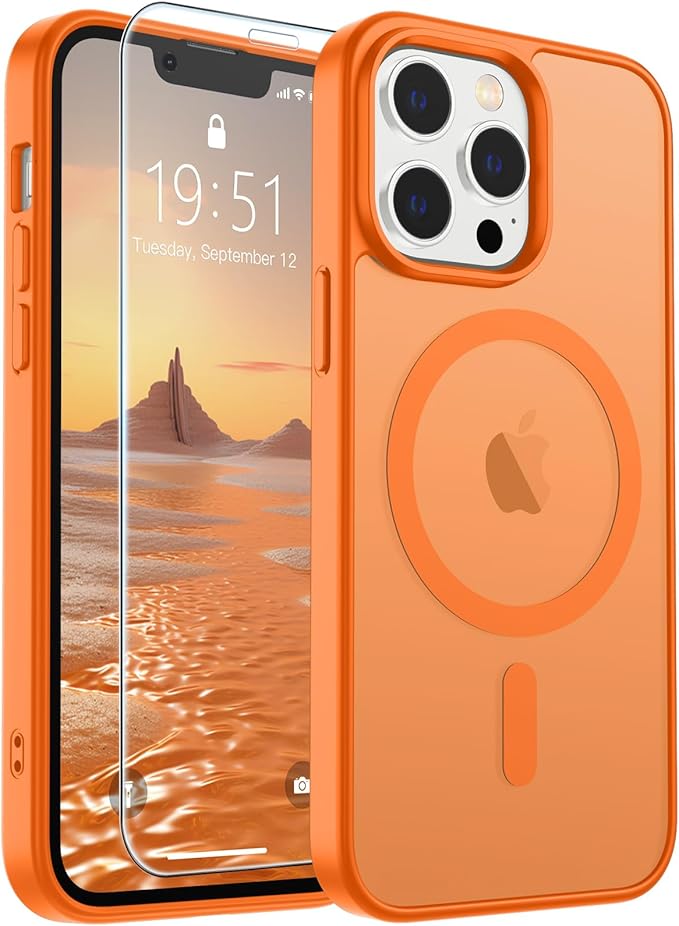 SUPFINE Magnetic for iPhone 12 Pro Max Case with Screen Protector (Compatible with MagSafe) (Military Grade Drop Protection) Translucent Matte Shockproof Phone Cover,Starry Orange