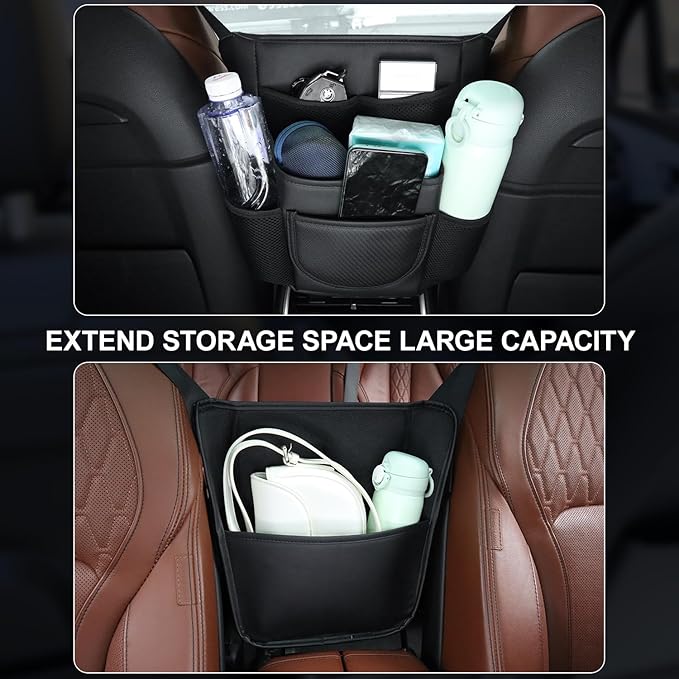 Car Purse Holder Between Front Seats PU Leather Bag Holder Above Armrest Box Child Barrier Front Seat Snack Organizer Bag Storage Auto Interior Accessories(Large Size)