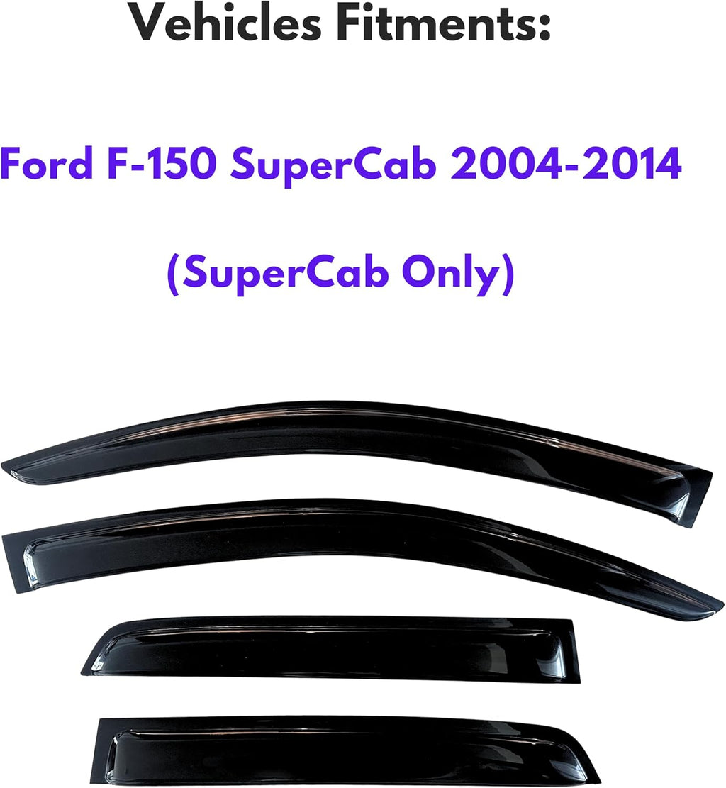 KPY Window Visor Compatible with 2004-2014 Ford F150 SuperCab, 4PC Rain Guard Side Window Vent Deflectors Tape-On Style, 2004 2005 2006 2007 2008 2009 2010 2011 2012 2013 2014 (SuperCab Only)